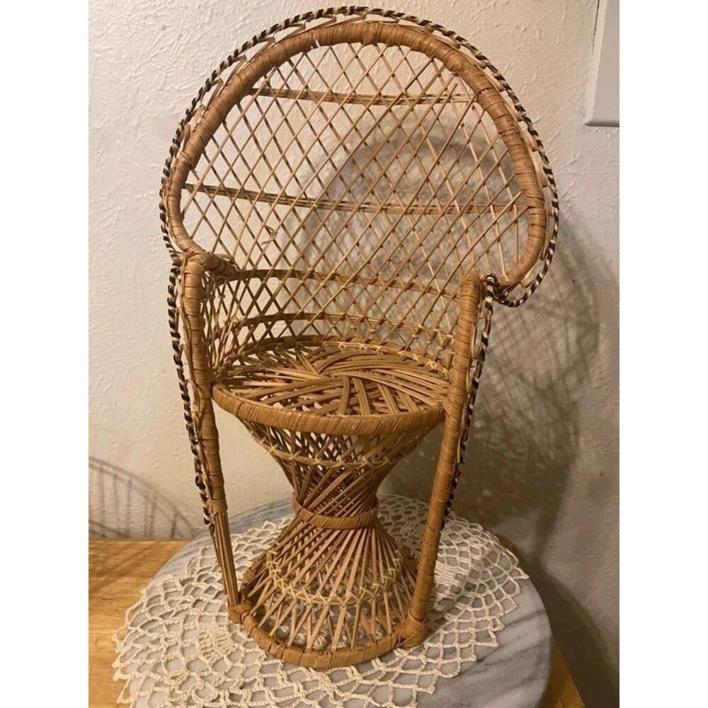 Miniature Wicker Peacock Chair 16” Two-Tone Rattan Fan Back Boho Decor